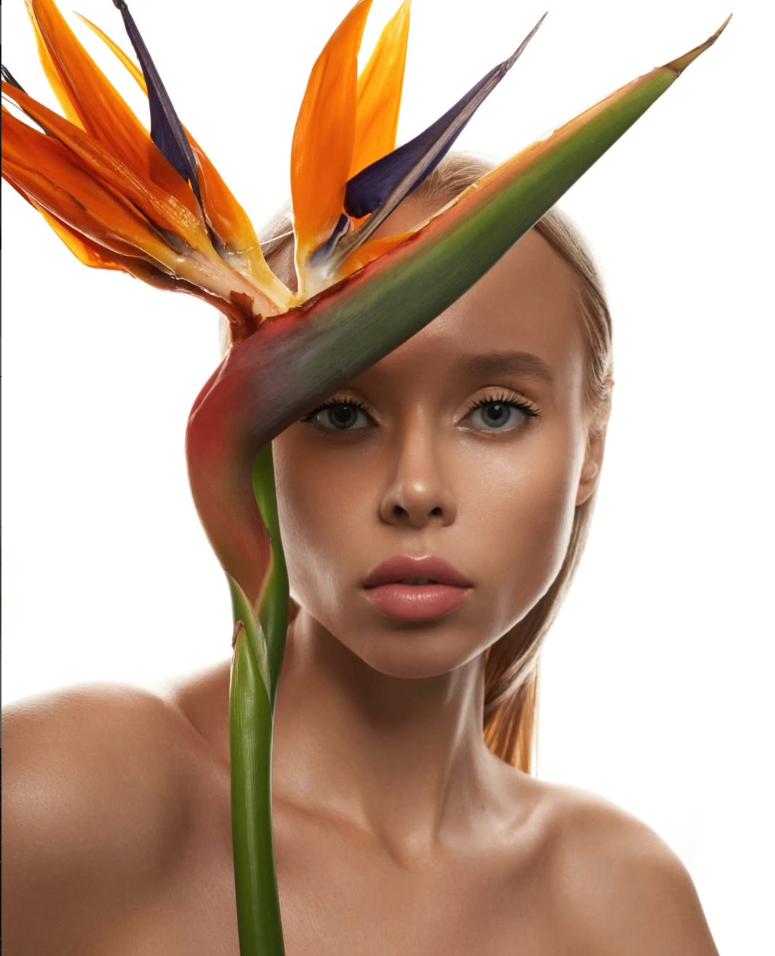 Editorial portrait with bird of paradise flower